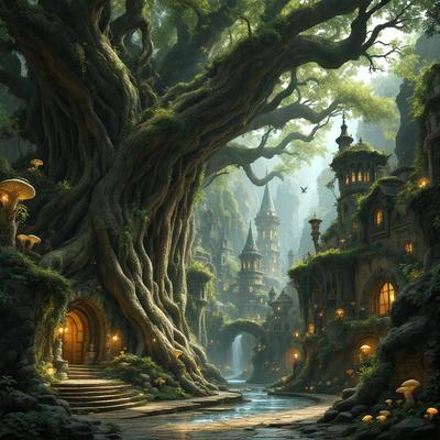 The primary subject of the image is a tree with a large trunk, surrounded by a forest. The setting is a fantasy world with a castle in the background, and the visual style is a digital art or illustration. The colors and mood of the image are predominantly dark, with a sense of mystery and enchantment.
